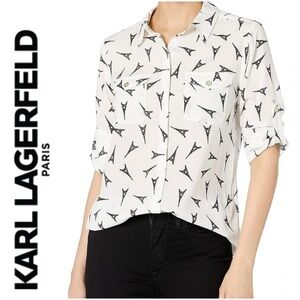Karl Lagerfeld Novelty Print Eiffel Tower White and Black Button Up Blouse